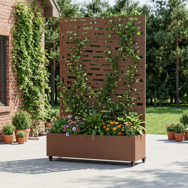 Metal Planter Box with Trellis with Wheels, 72" H x 47" W x 16" D, Brown