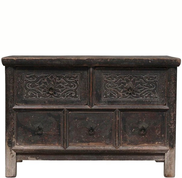 Hand Carved Vintage Chinese Reclaimed Wood Accent Chest or Low Sideboard Cabinet