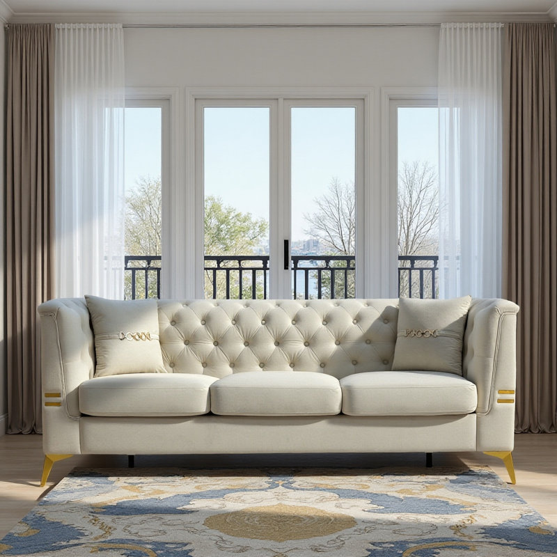 Canapé moderne en velours capitonné avec pieds en métal doré, 82,67 /, Blanc, crème