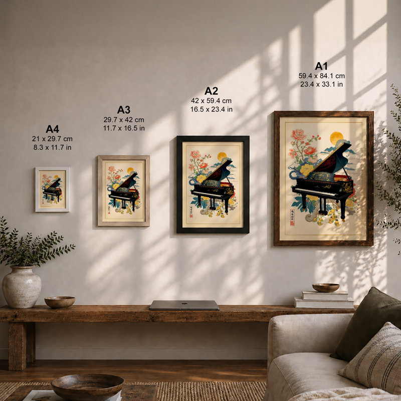 Piano and Blooms Japandi - Framed Print, Unframed, A4 - 29.7 x 21.0 cm