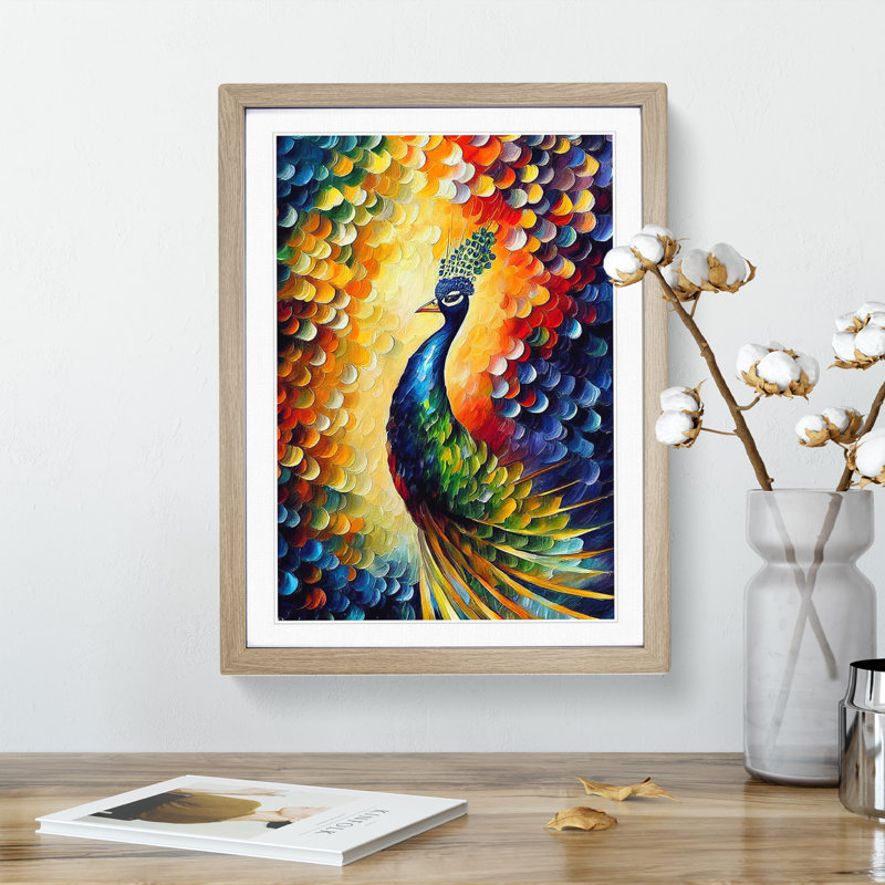 Peacock Portrait No.3 - Wall Art, 36cm H x 27cm W, Oak Framed Paper, White