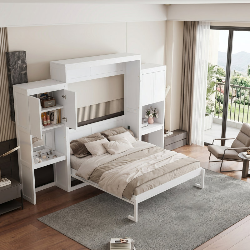 Grand lit escamotable avec bureau, meuble-lavabo rabattable et rangement pour armoire, lit mural peu encombrant, Blanc