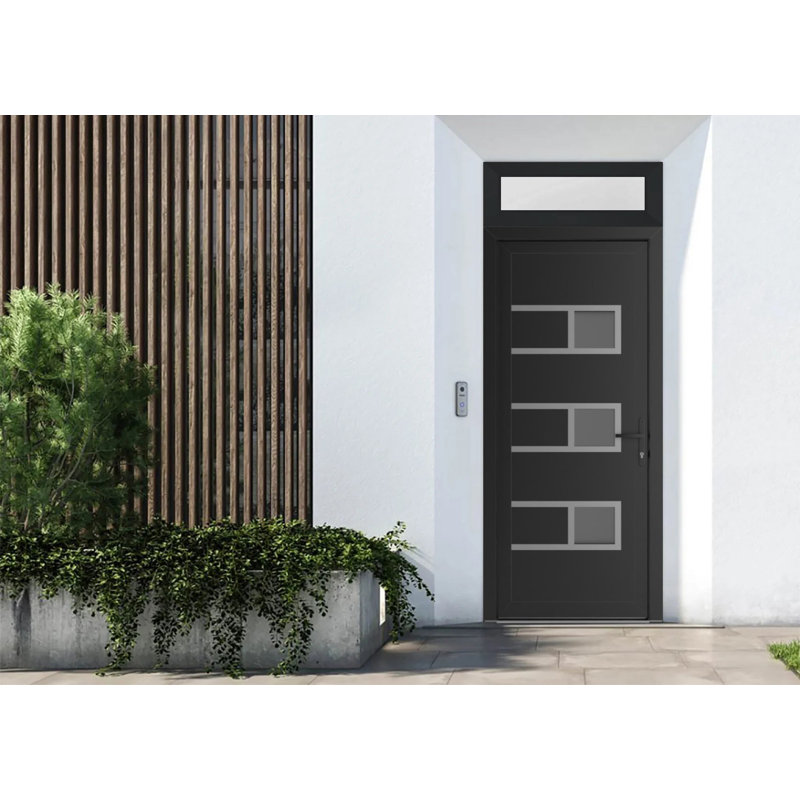 Porte d'entrée extérieure prémontée en PVC-U métal-plastique Manux 8933, noir mat, avec imposte et panneau latéral supérieur. Convient aux bureaux, aux commerces et aux habitations. Parfait pour l'entrée, les patios et les garages. Dimensions : 91,4 cm x 238,9 cm (L 91,4 cm x H 203,2 cm + 35,6 cm). Ouverture à gauche vers l'intérieur.