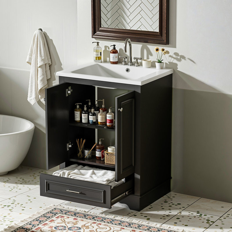 Northridge 24'' Bathroom Vanity With Ceramic Sink Combo, Modern Freestanding Storage Cabinet, Black
