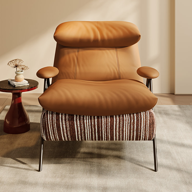 Fauteuil d'appoint moderne, structure en bois massif, revêtement en chenille et cuir, siège confortable pour le salon, la chambre et le balcon.