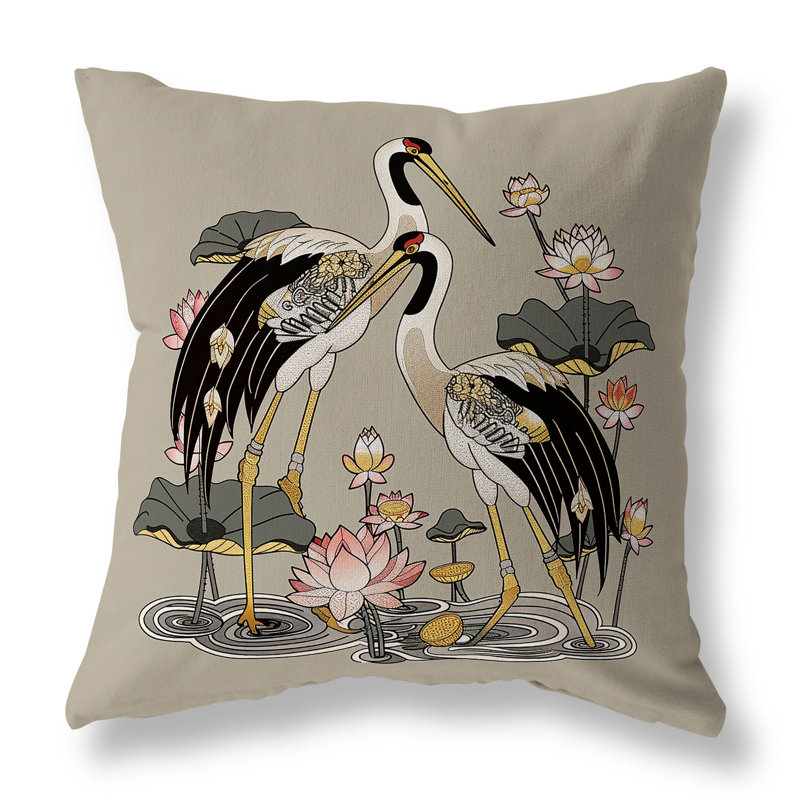 Crane and Lotus Indoor/Outdoor Square Throw Pillow, Green/Yellow, 16"H x 16"W