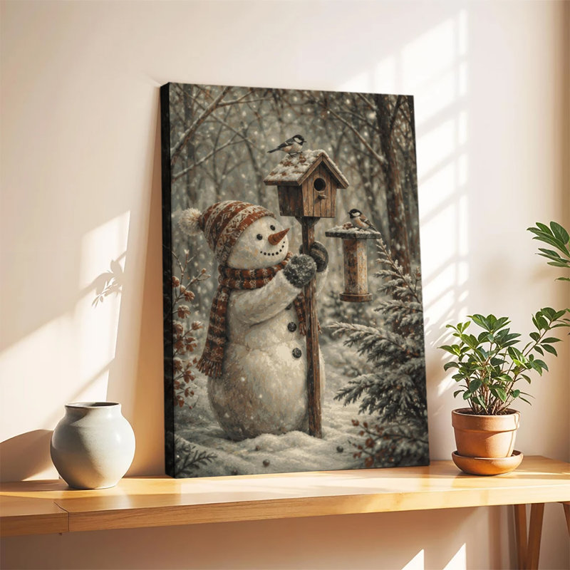 Bonhomme de neige joyeux près d'un nichoir avec des mésanges dans une forêt enneigée, décoration murale vintage sur toile pour Noël et l'hiver
