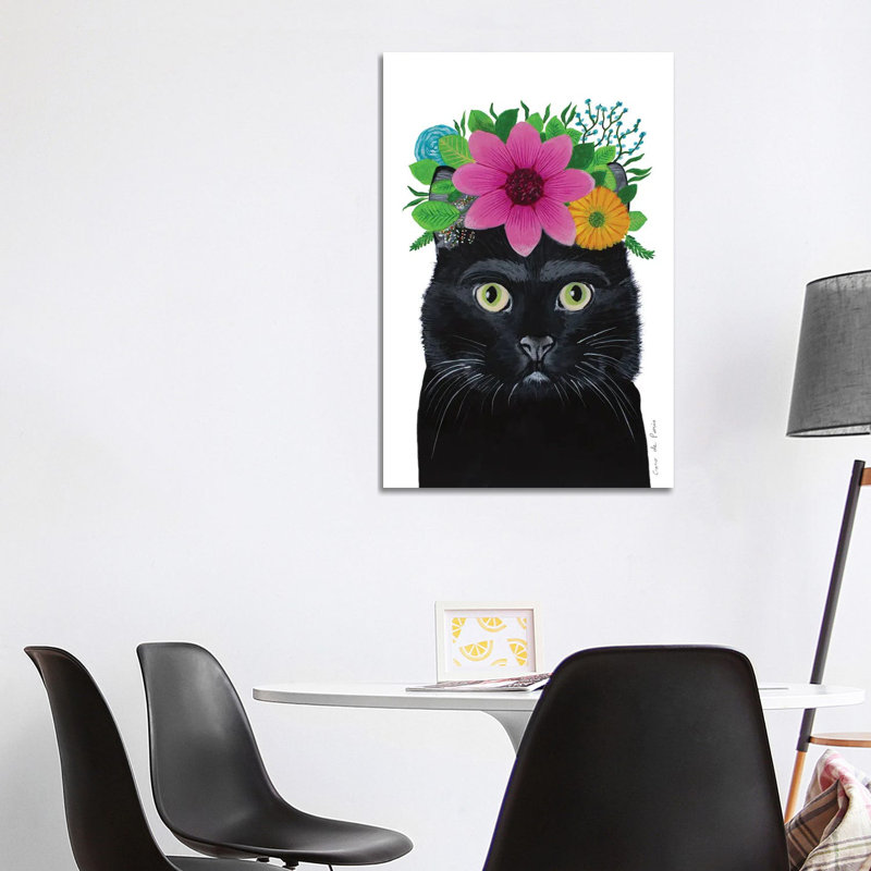 Frida Kahlo Cat - Wrapped Canvas Print, 101.6 cm H x 66.04 cm W, Black/Pink/White