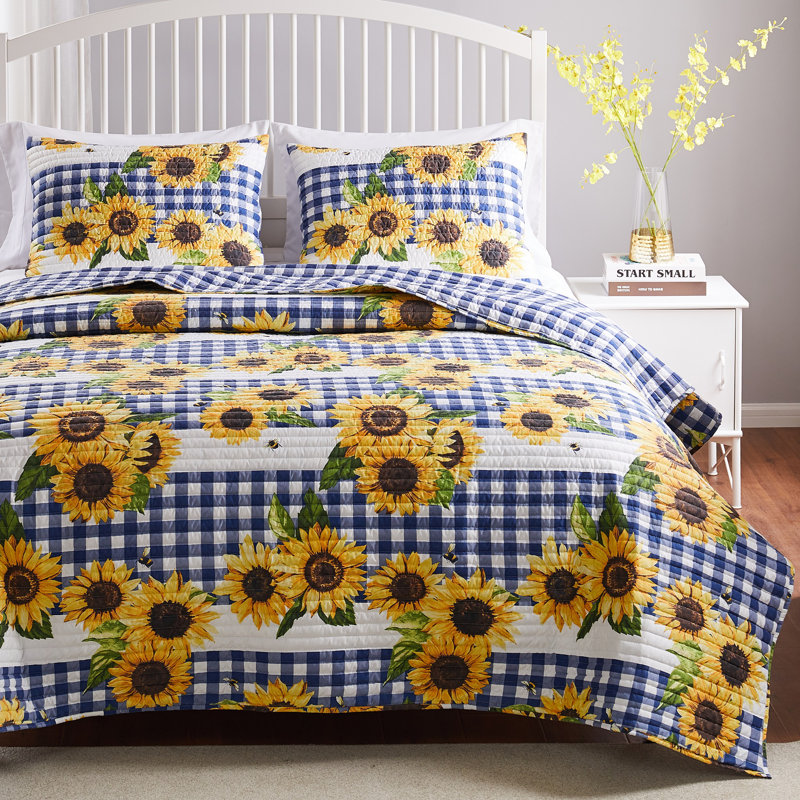 Sunflower and Blue Gingham Twin Microfiber Reversible Quilt Set