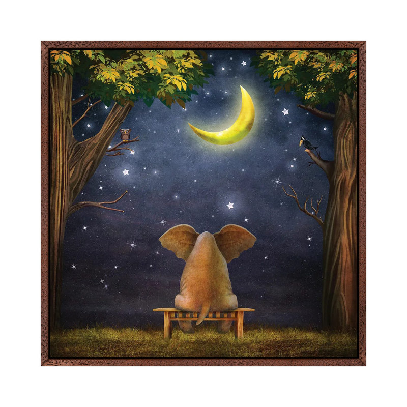Elephant On A Bench In The Night Forest - Print on Canvas, Classic Brown Wood Framed, 93.98 cm H x 93.98 cm W