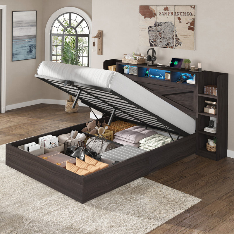 Shila 45.1" Lift Up Storage Bed Frame with Charging Station, LED Bookcase Headboard & 2 Side Shelf,Queen Size, Black, Black