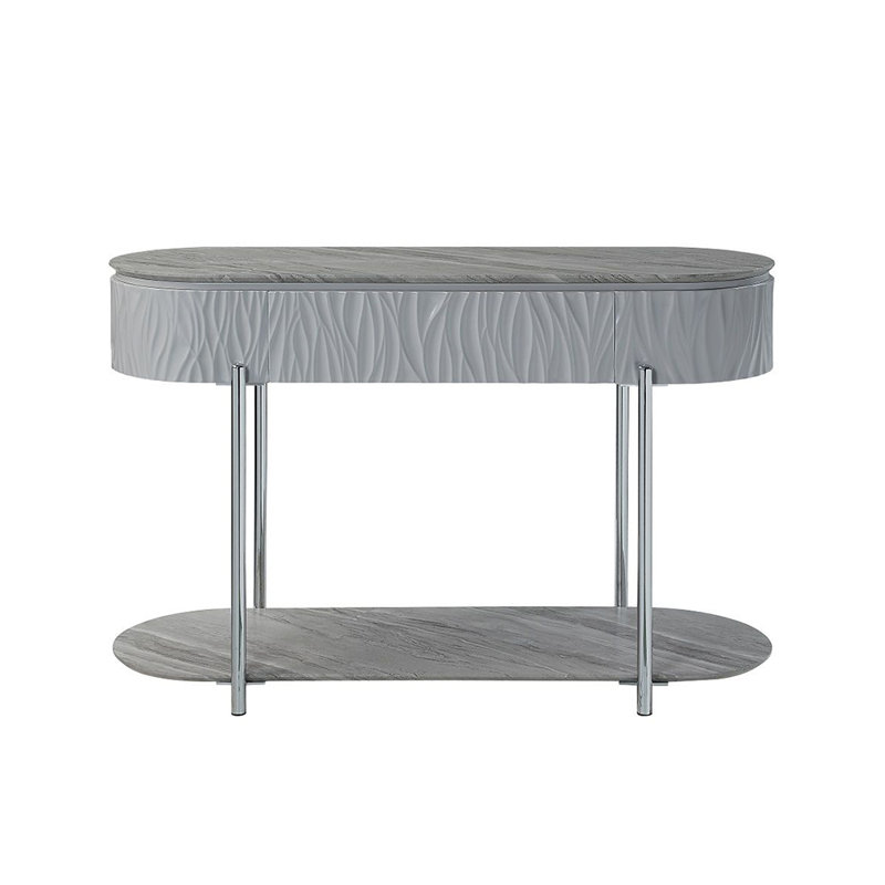 Ellice Contemporary 47"L Oval Sofa Table in Gray High Gloss and Chrome