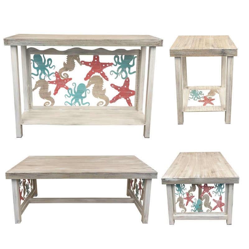 ISLAND UNDERWATER SCENE TABLE SET.  1- Rectangle Sofa Table, 1- Rectangle Coffee Table, 2- Square Iron End Tables