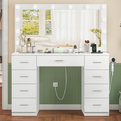 Meuble-lavabo de 46 po avec bureau en verre et 9 tiroirs, meuble-lavabo avec grand miroir lumineux et prise de courant, coiffeuse avec 12 lumières à DEL, 3 lumières de couleur réglables, blanc