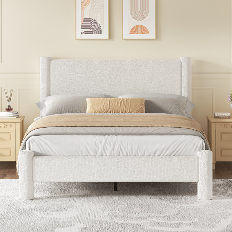 Boucle Upholstered Platform Bed with Soft Rounded Corners, Cream, Full
