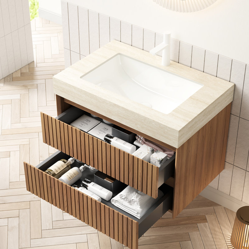 Meuble-lavabo flottant 30 po, armoire en contreplaqué rayé, 2 tiroirs, pierre frittée à motif, lavabo en céramique, panneau de tiroir en bois massif, plan d'eau, pré-assemblé, rangement de style moderne, couleur,