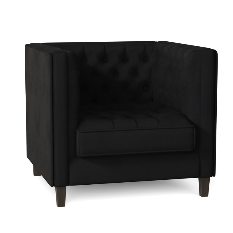 Fauteuil capitonné large de 36 po Jess, Velours performance Bella noir, Brun acajou