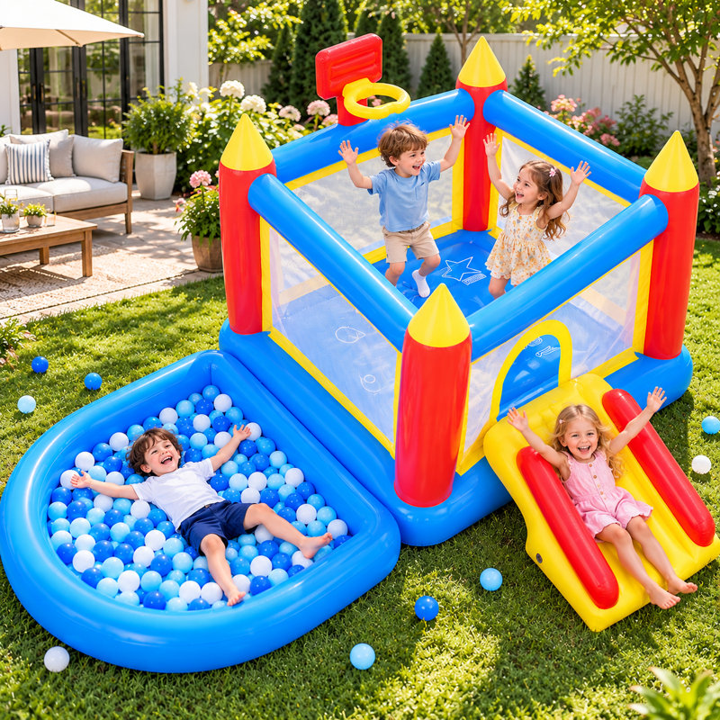 3-in-1 Inflatable Bounce House with Slide, Detachable Ball Pit, Water Play Feature and Electric Pump, Bleu / Rouge / Jaune