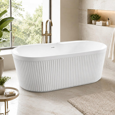 67" Freestanding Acrylic Deep Soak Tub, Oval Bath with Sloped Backrest & Chrome Drain