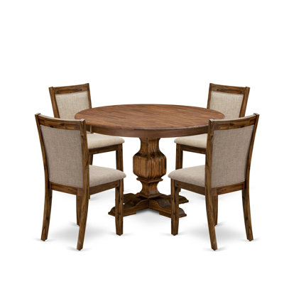 5 Piece Modern Dining Table Set Includes a Round Wooden Table with Pedestal and 4 Light Tan Linen Fabric Upholstered Parson Chairs,  Antique Walnut