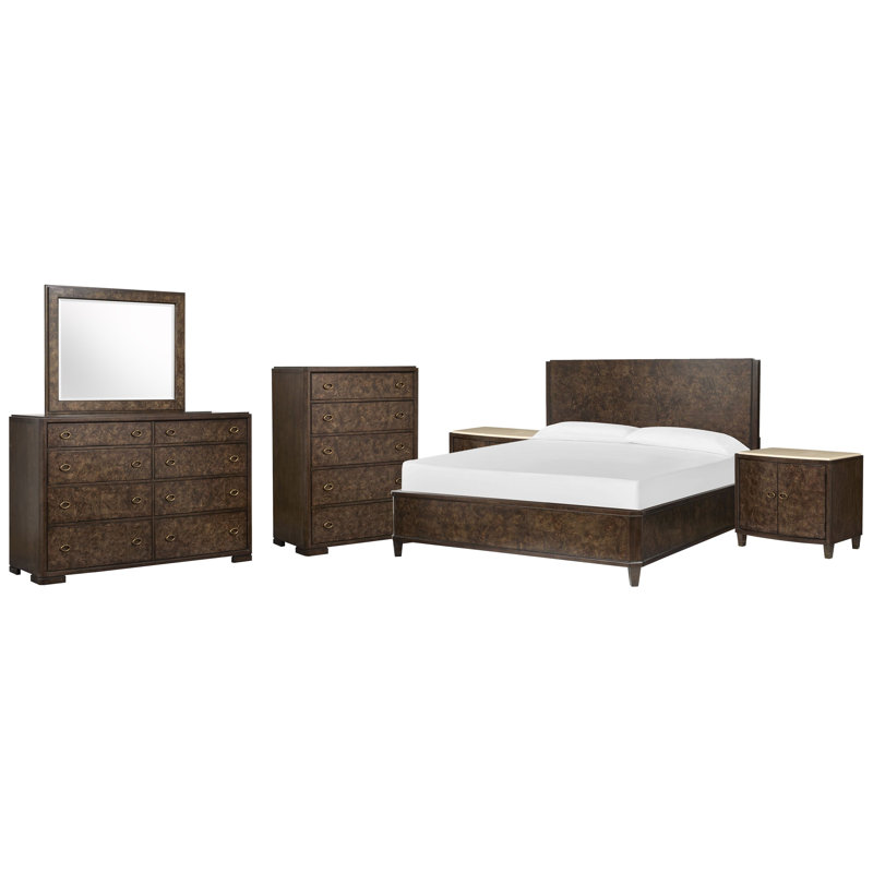 Grande commode à 2 portes avec tiroirs avec miroir de paysage et commode, 6 Pcs:Bed,2Nightstand,Dresser,Mirror,Drawer Chest