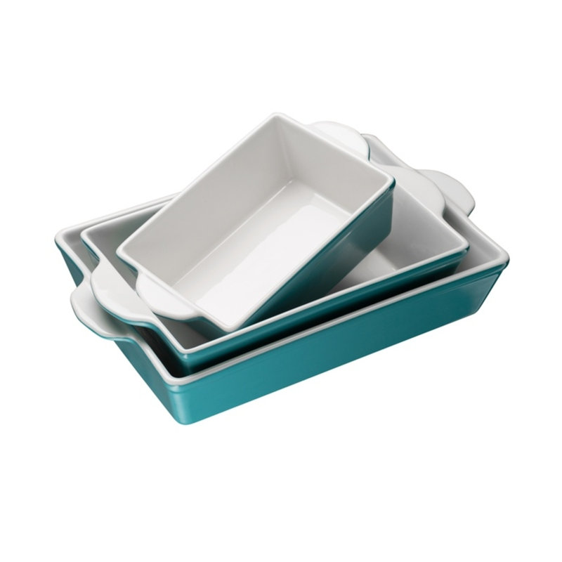 Kook Rectangle Ceramic 3 Piece Casserole Bakeware Set, Aqua