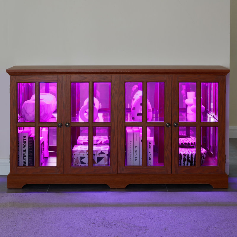 Vintage Four-Door LED Curio Cabinet - Antique Glass Display Case with Adjustable Shelves, Smart Lighting Control via App/Remote, Magnetic Closure for Home or Office D茅cor