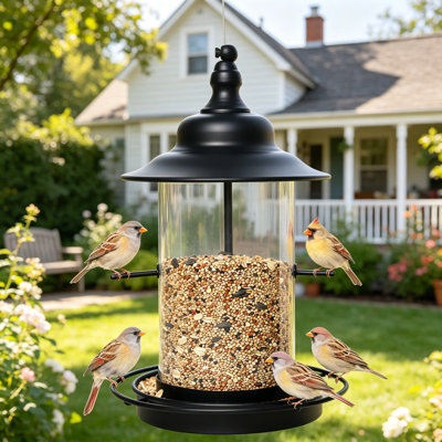 Mangeoire d'extérieur à suspendre avec couvercle verrouillable, toit et plateau en métal résistant aux intempéries de 17,5 cm, 3 perchoirs, conception résistante à mâcher pour oiseaux sauvages, noir