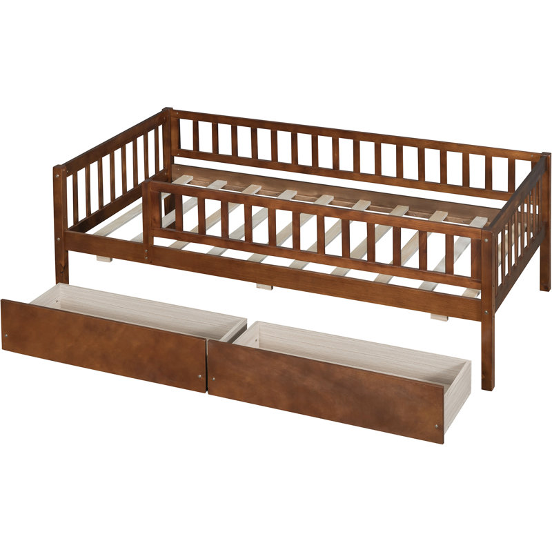 Twin Daybed With Two Drawers, Walnut Color - Solid Wood Frame For Extra Support Size Bed Drawers In , Space, Multi-Functional