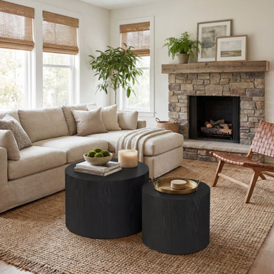Nesting Coffee Table Set of 2, Modern Round Side Tables in Matte Black with Non-Slip Feet, No Assembly Required