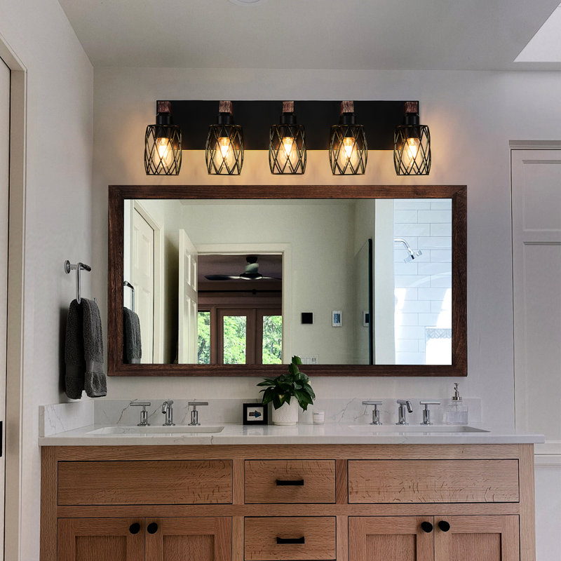 31-Inch Industrial Vintage 5- Wall Sconce With Black Cage And Wooden Accents For Bathroom, Hallway, Living Room, Bedroom, Dressing Entryway, Kitchen, Office - , , Easy To Install, Compatible E26