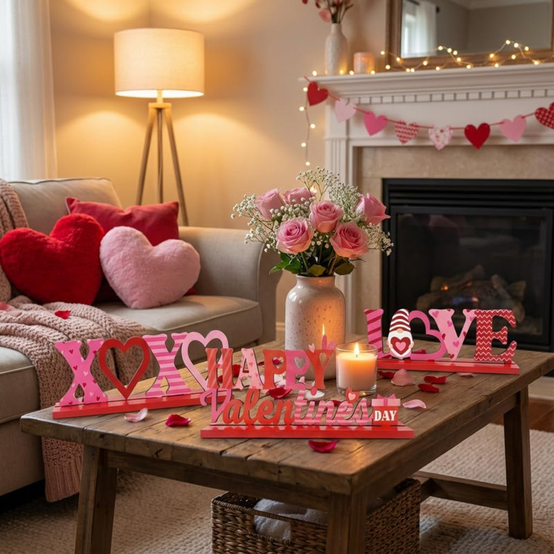Décorations de table en bois pour la Saint-Valentin - Ensemble de bureau et tablette 3 pièces Love Xoxo