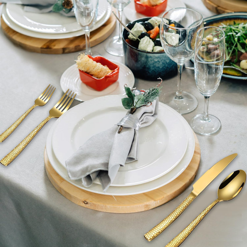 Ensemble de couverts de luxe en acier inoxydable martelé pour 2, ensemble de couverts 10 pièces poli miroir avec cuillères, fourchettes et couteaux, argent doré lavable au lave-vaisselle pour la salle à manger, la cuisine et les réceptions