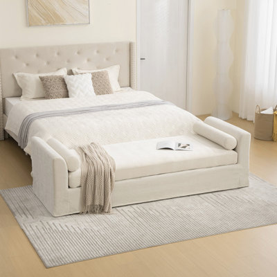 Banc de 88,58 po de largeur, banc de bout avec accoudoirs, méridienne en chenille avec 2 traversins, convient aux salons, aux entrées, aux dortoirs et aux chambres à coucher. Beige