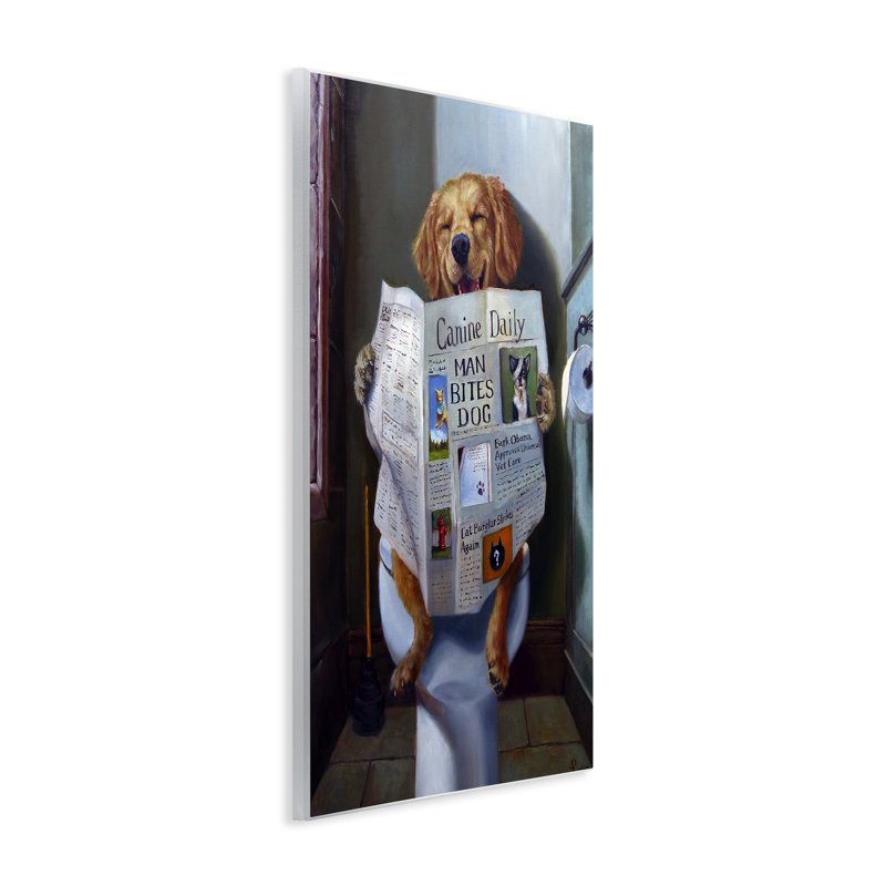 Chien lisant le journal sur la toilette, peinture sur plaque murale par Lucia Heffernan, H 15 po x l 10 po