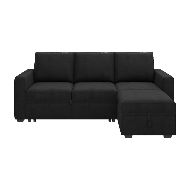 Anureet L-Shaped Sectional Modular Sofa Bed With Storage Seat, Black Velvet