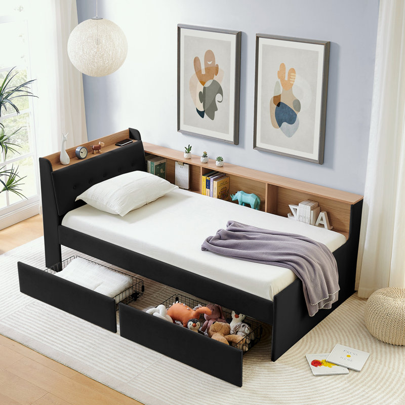 Twin Size Upholstery Velvet Day Bed with Storage Headboard and Wireless Charging, Black