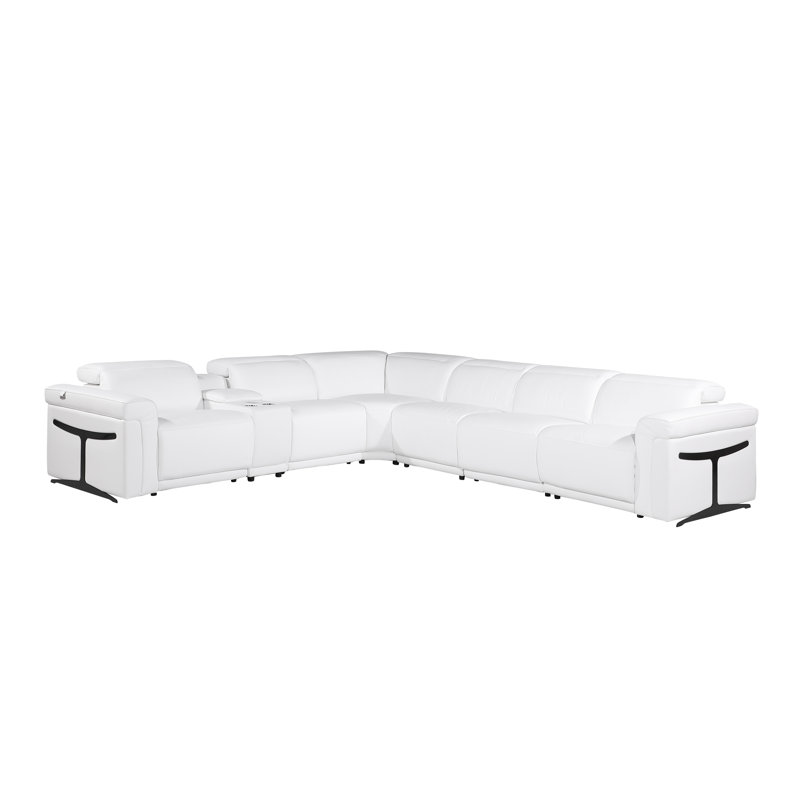 Suhur 7-Piece Top Grain Italian Leather Power Reclining Chaise Sectional, White Genuine Leather