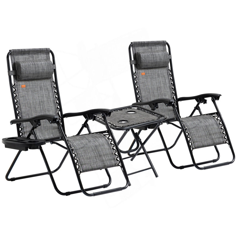Zero Gravity Chair Set With Side Table, Folding Reclining Chair With Cupholders & Pillows, Pool Lounge Chair, Gray