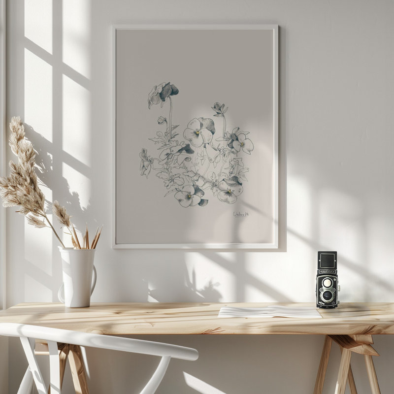 "Pansies praying dessin", art mural texturé encadré, H 40 po x l 30 po, Noyer