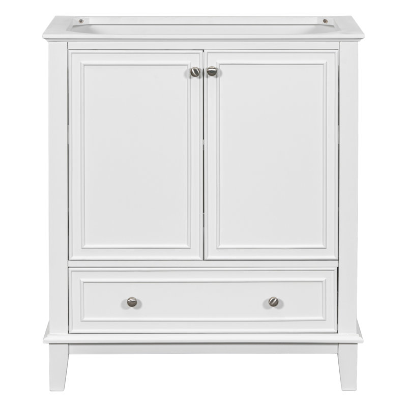 Base de meuble-lavabo blanc 30 po, bois massif et planche, armoire avec portes et tiroir de rangement, tablette réglable, base à assembler requise, tiroir multifonctionnel,