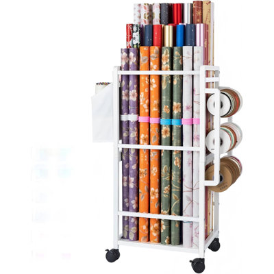 Rolling Gift Wrap Storage Stand, Adjustable Rod Design, White