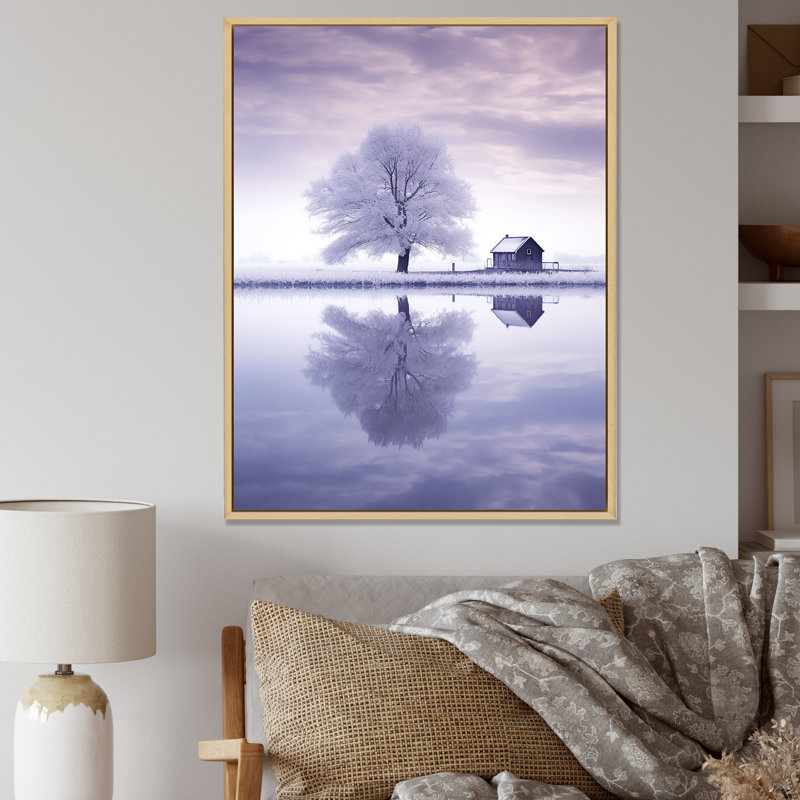 Paysage d'hiver mauve au bord du lac - reproduction sur toile, Cadre naturel flottant, H 40 po x l 30 po