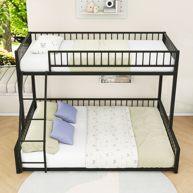 Bunk Bed Frame With Ladder And Guardrails, Twin Extra Long Over Queen, Black
