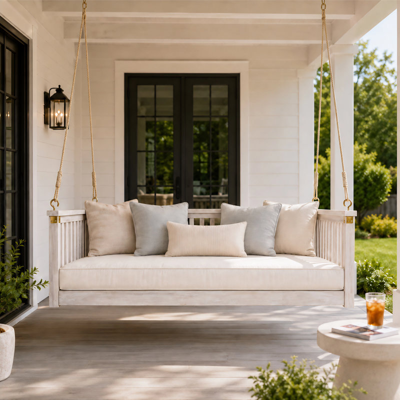 Patio Acacia Wood Porch Swing with Ropes, Minimalist Outdoor Twin Size Swing Bed, White
