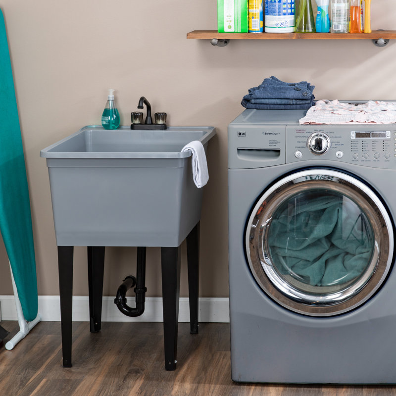 Évier à lessive autoportant L 23 po x l 25 po avec robinet, gris, Noir mat