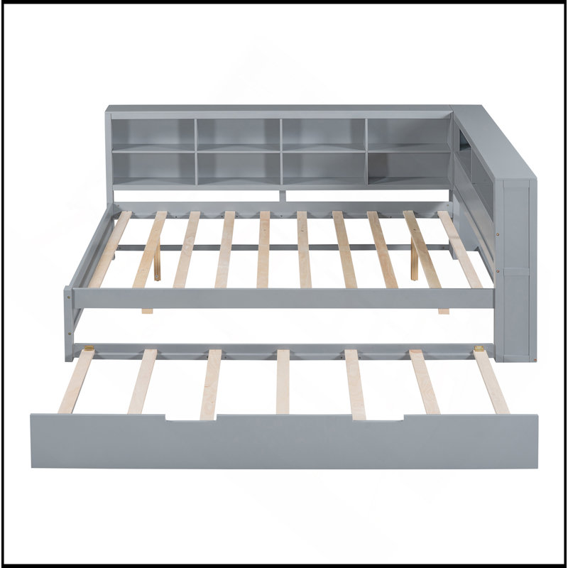 Wooden Full Size Daybed With Twin Size Trundle, Daybed With Storage Shelf And USB Charging Ports, Gray