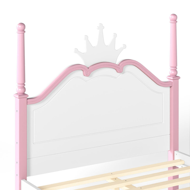 Lit plateforme pleine grandeur en forme de couronne, cadre de lit élégant en bois à baldaquin, cadre de lit tête de lit courbé élégant pour la chambre à coucher, blanc et rose