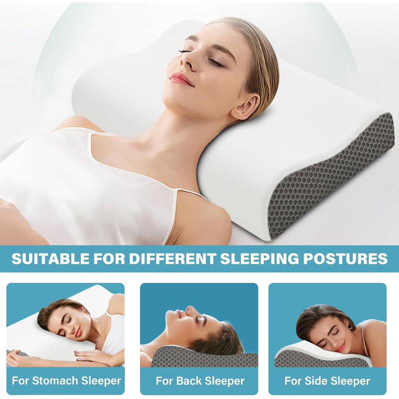 Ergonomic White and Gray Memory Foam Cooling Bed Pillows Set