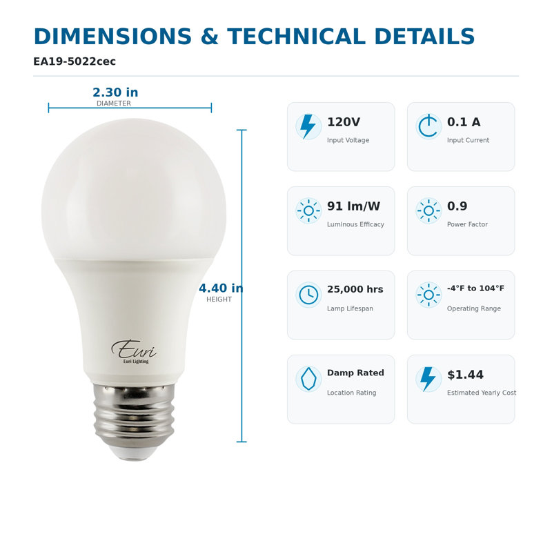 Ampoule DEL Euri Lighting A19, 12 W, 1 100 lm, équivalent 75 W, 2 700 K, culot E26, modulable, CEC/JA8, UL